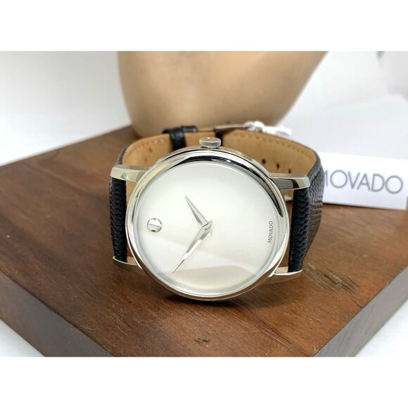Movado Men's Watch 2100001 Swiss Quartz Silver Dial Black Leather Band 39mm - Picture 8 of 14